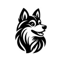 Black and White Illustration of a Smiling Husky Dog Head with stylized fur, looking to the right on a clean white background. vector