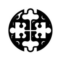 Monochromatic, stylized emblem with a crossshaped puzzle cutout within a black circle, minimalist , white background, and a shadow effect. vector