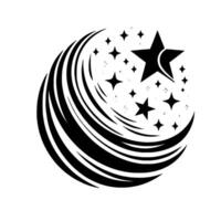 Black and white stylized starburst , comprised of a swirling crescent and diamond stars on a white backdrop, modern . vector