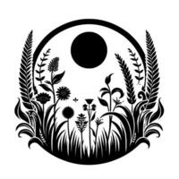 Elegant blackandwhite minimalist botanical illustration, featuring an enclosed garden with detailed floral and fauna silhouettes under a circular sun. vector