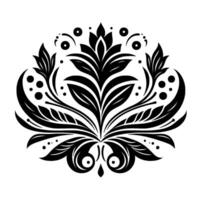 Symmetrical Black Floral Damask Pattern on White, featuring Leaves, Circles, and Ornate with a Decorative, Elegant Style. vector
