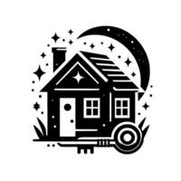 Dreamy black and white illustration of a house, crescent moon, stars, and a key, evoking a sense of magic, home, and security. vector