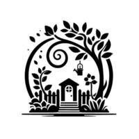 Whimsical monochrome illustration of a charming miniature garden scene with a small house, plants, and tree encapsulated in a circle. vector