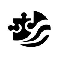 Black and white minimalistic of a puzzle piece merging with a stylized water or wave within a circle. vector