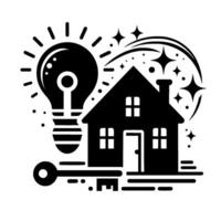 Black and white illustration depicting a house, lightbulb, and key, symbolizing ideas for home ownership and security. vector