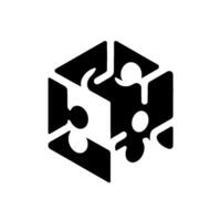 A geometric cube composed of interlocking puzzle pieces, symbolizing connection and unity, presented in a highcontrast black and white style. vector