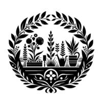 Elegant Black and White Floral and Foliage Garden Encircling Assortment of Plants, Tools, and Watering Can, Within a Decorative Oval Frame. vector
