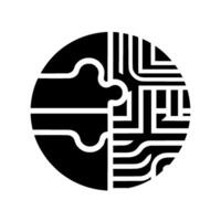 Black and White Half Puzzle Piece Integration with Linear Abstract Circuitry Inside a Circle vector