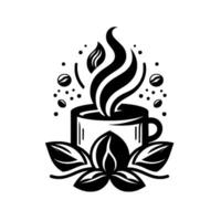 Elegant Black and White Coffee Cup with Steam, Beans, and Leafy Embellishments for a Caf or Branding. vector