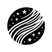 A celestial black and white circle illustration featuring stars and stylized flowing lines, evoking a sense of cosmic wonder and space. vector