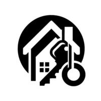 Symbolic monochrome featuring a house silhouette, key, and circle, representing real estate, security, and home ownership in a sleek, minimalist . vector