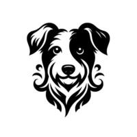 A symmetrical, minimalist black and white illustration of a Border Collies head with detailed ornamental patterns around the snout. vector