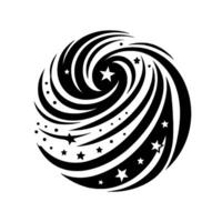 Black and white stylized cosmic spiral with stars and dots, creating an abstract and celestial sphere. vector