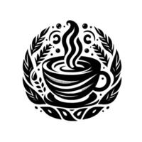 Steaming Coffee Cup Surrounded by Foliage in a Circular, Black and White Minimalist . vector
