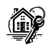 Minimalist Geometric Illustration A Home and Key Symbolizing Real Estate, Ownership, and Security in Black and White. vector