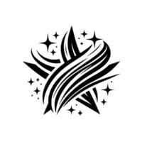 Abstract Black Starburst with Swirling Lines and Twinkling Star Icons on a White Background. vector