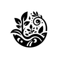 Black and White Circular Emblem of Flourishing Nature Leaves, Water, and Artistic Elements in a Harmonious . vector
