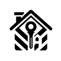 Black and White Minimalist Real Estate House silhouette with a key centered, suggesting property access and ownership, abstract striped . vector