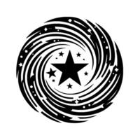 A swirling black and white galaxy featuring a central star encircled by spiraling lines, dotted accents, and smaller star elements against a pristine white backdrop. vector