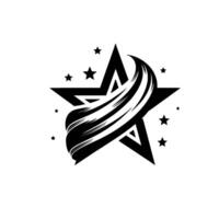 Black and white illustration of a star with flowing lines, surrounded by smaller stars, on a plain white background. vector