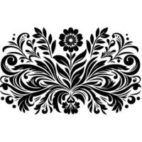 Symmetrical Black Floral Ornament with Intricate Swirls, Leaves, and Dots on White Background vector