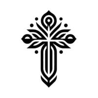 Decorative Black and White Cross with Floral Elements and a Symbolic , Isolated on White Background vector