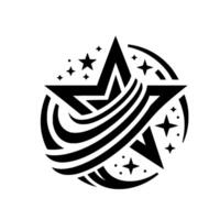 Bold Black and White Starburst Featuring a Central Star, Shooting Trails, and Additional Star Accents, enclosed in a circle. vector