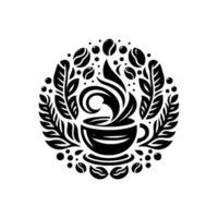 Elegant Black and White Coffee Cup encircled by botanical elements, coffee beans, and steam, conveying warmth and sophistication. vector