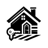 Minimalist black and white of a house with a key, representing property ownership and real estate. vector