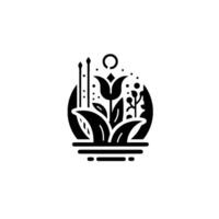 A minimalist monochrome floral emblem, featuring a stylized tulip, leaves, and other plant elements within a circular frame. vector