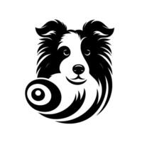 A stylized black and white illustration of a Border Collie dogs head, featuring a whimsical , soft fur, and a targetlike motif. vector