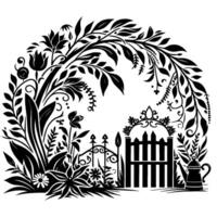 Elegant Black and White Garden Featuring an Archway of Lush Foliage, Gate, Teapot, and Floral Elements vector