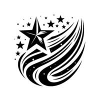 Dynamic Black and White Illustration Starburst with a Large Star, Smaller Stars, and Curved Swoosh, Modern, Celestial Aesthetic vector