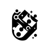 Abstract black and white puzzle piece featuring geometric shapes, stars, and a minimal, clean aesthetic. vector