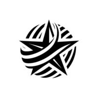 Bold Black Star Emblazoned in a Circle of Flowing White Curved Lines on White Background, Modern . vector