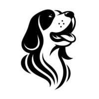 A stylized black and white illustration of a happy dog with a joyful expression, gazing upwards with a clean . vector