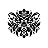 Symmetrical floral in black and white, featuring stylized flowers, leaves and ornate detailing on a stark white background. vector