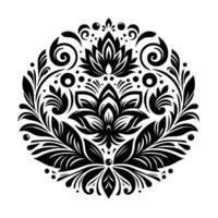 Intricate Circular Black and White Floral Pattern with Lotus and Leaf Designs, Ornamental and Symmetrical. vector