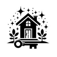 Elegant Black and White Real Estate Home Silhouette with Key, Sparkling Accents, and Foliage, Representing New Beginnings. vector