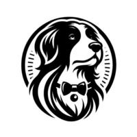 Elegant Black and White Border Collie Portrait Wearing Bow Tie, Within Circular Frame, Illustration. vector
