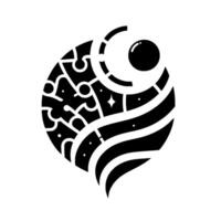 Abstract black and white circular featuring interconnected patterns, celestial elements, and geometric shapes. vector