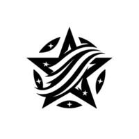 Dynamic black and white star with flowing stripes and surrounding stars set within a circular emblem against a clean white backdrop. vector