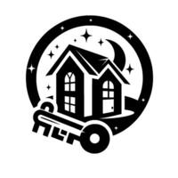 Black and white stylized real estate featuring a house, key, crescent moon, stars, and a circular frame. vector