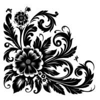Elegant Corner Ornate Black and White Floral Arrangement with Swirls, Leaves, and Multiple Blossoms on a Blank Canvas. vector
