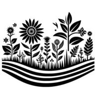 Stylized Monochrome Garden Black and white illustration featuring diverse floral elements, grass, and layered horizontal lines. vector