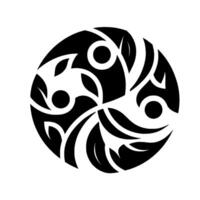 A symmetrical tribal within a circle, featuring stylized leaves and circular elements, rendered in black and white with a clean, modern aesthetic. vector