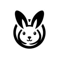 Minimalist, Black and White Illustration of a Cute Rabbit Head, Enclosed in a Circular, Abstract Frame, on a Pure White Background vector