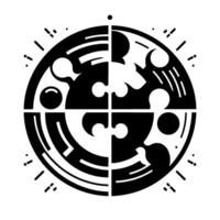 Abstract geometric featuring a circular composition divided into four parts with puzzlelike shapes, set against a clean white background. vector