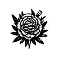 Intricate Black White Floral Illustration of a Blooming Peony with Bold Leaves and Bud, Symmetric and Detailed . vector