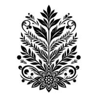 A symmetrical, monochrome botanical featuring a central floral element, surrounded by stylized leaves, branches, and decorative flourishes. vector